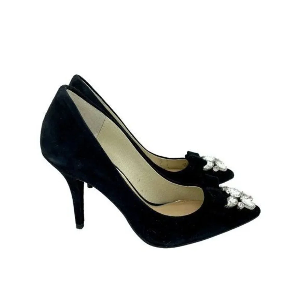 MICHAEL KORS Felicity Black Suede Leather Pumps Crystal Rhinestone SZ 7 NEW